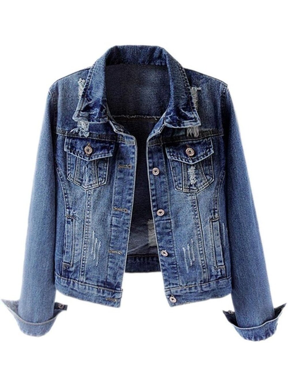 〽️Dark Blue Womens Ripped Jean Jacket Cropped Washed Denim Coat Frayed Button Up